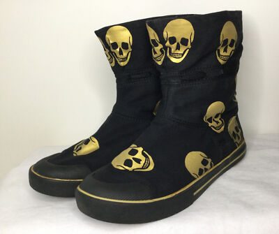 Vans Goth Boots HI Top Black Gold Skulls Pull On Sneaker