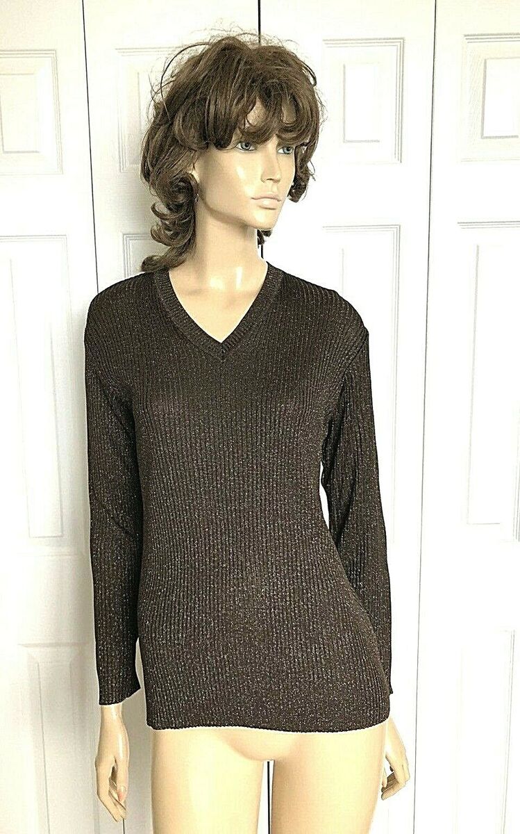 NWT MOSCHINO SPARKLE BROWN RIBBED V-NECK KNIT SWEATER SIZE 42/M/L