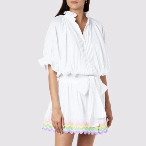 Juliet Dunn London Blouson Kleid weiß Regenbogen Ric Rac gerafft Gr. 1/4-6 US