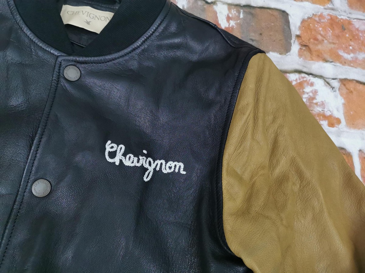 Chevignon Vintage Leather Jacket Round Arch Black Beige Chevignon Vintage Leather Jacket Round Arch Black Beige