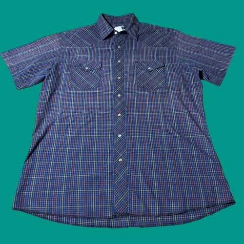 Vintage Wrangler Western Hemd XXL blau kariert Perlen Druckknopf Cowboy Kurzarm
