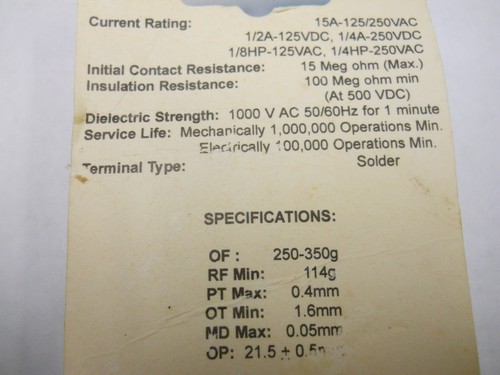 Snap Action Switch, SPST W/ Button Actuator (30-18135) (NOS)(QTY 1 ea)OFC - Picture 4 of 4