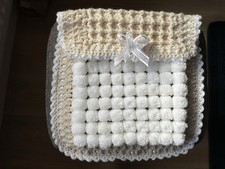 beautiful Thick handmade pom pom blanket car seat size Beige/white