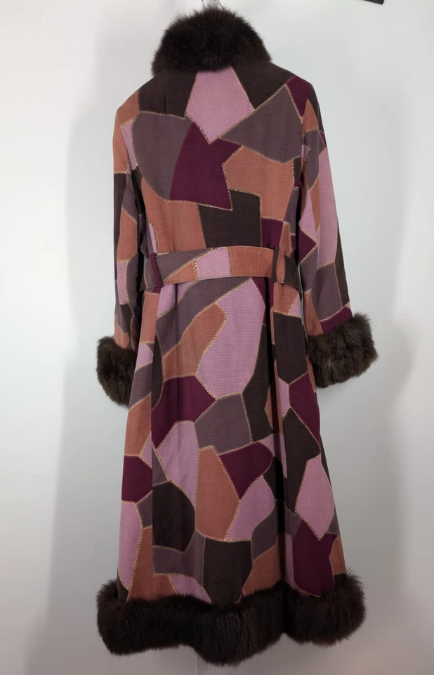 Bill Blass Bond Street Vtg 60s Mod Corduroy Op Art Patchwork Fur Belt Trench 36" - Image 2 of 4
