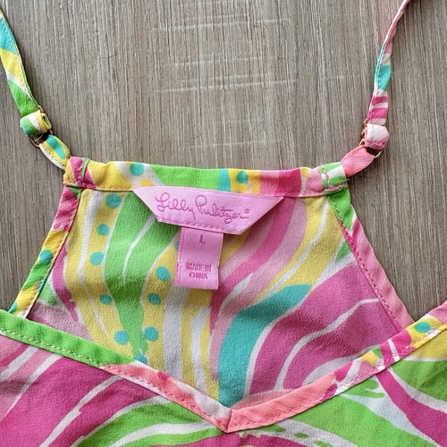 Lilly Pulitzer Pink Flamingo Halter Tank Womens Large Blouse Swirls SILK - Picture 3 of 5