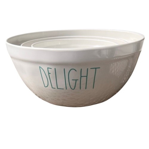 RAE DUNN Mixing Nesting Bowls White / Teal Melamine Set of 3 Delight Peace Bliss