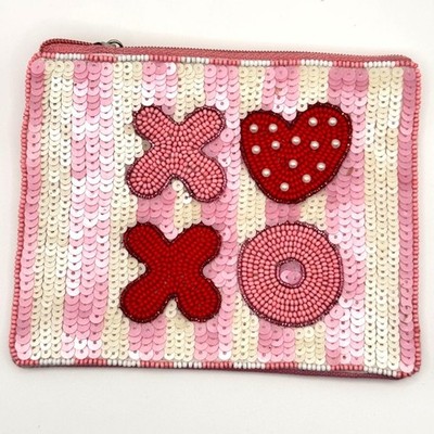 Valentines Day XOXO Pouch Bag Beaded Sequin With Red Heart Design & Pink Stripes