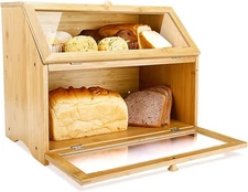 Double Layer Bread Box Kitchen Counter Wooden Large Capacity Bread Storage Bin