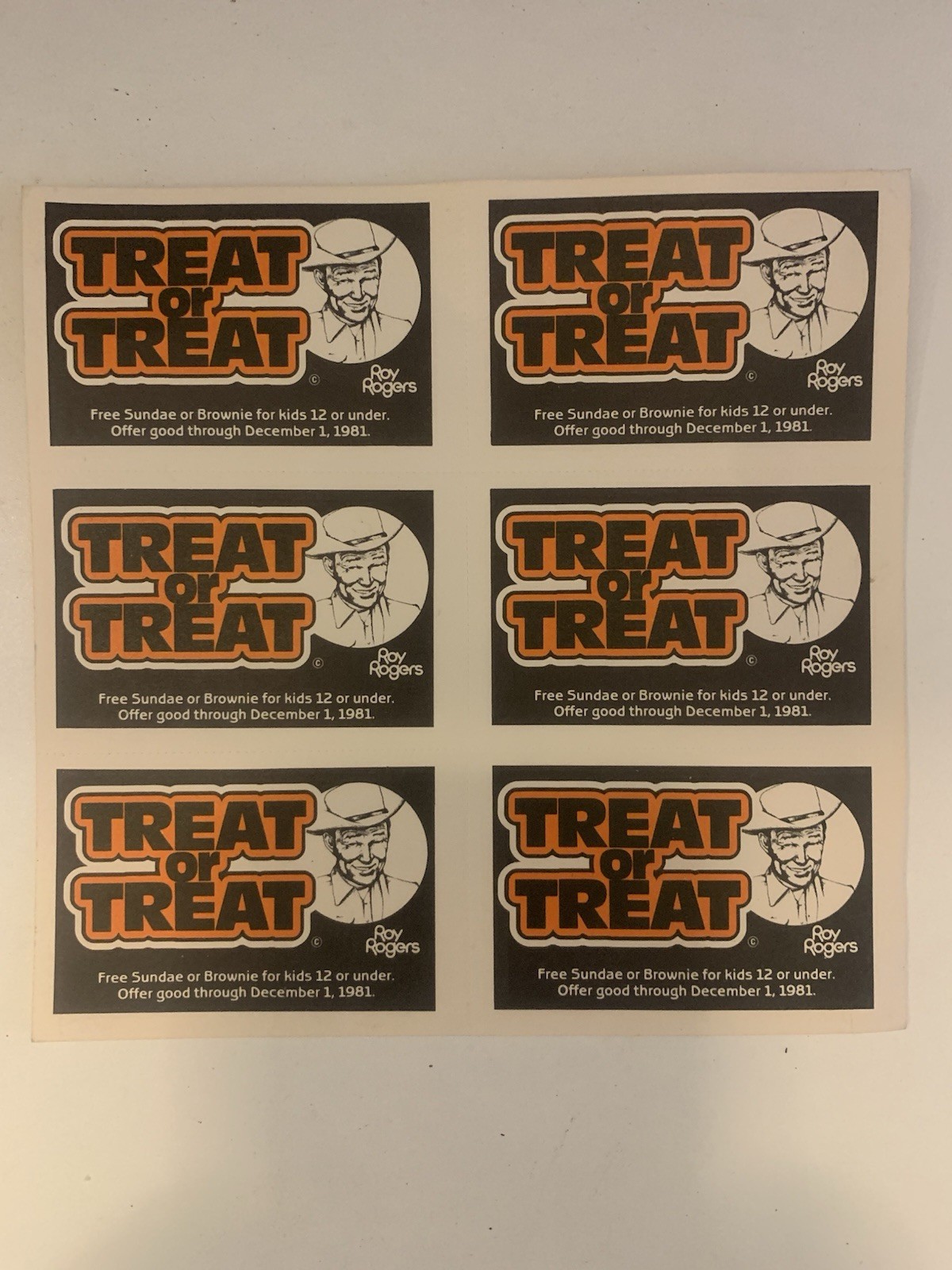 Vintage Roy Roger’s Treat Or Treat Coupon Sheet 80’s ~ Halloween, Trick Or Treat