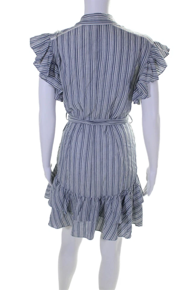 Rebecca Taylor Womens Cotton Striped Print Ruffled Hem Tiered Dress Blue Size 4 - Image 3 of 4