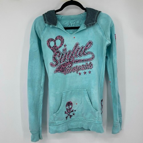 Sinful Afiction Y2K Embellished Hoodie Skull Wings Blue Pink Grunge Distressed S