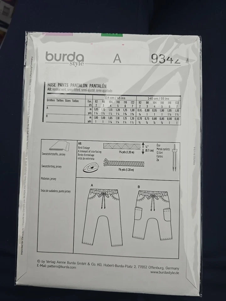 9342 Burda Kids Pants Unisex Size 2-7 NEW Uncut - Image 2 of 2