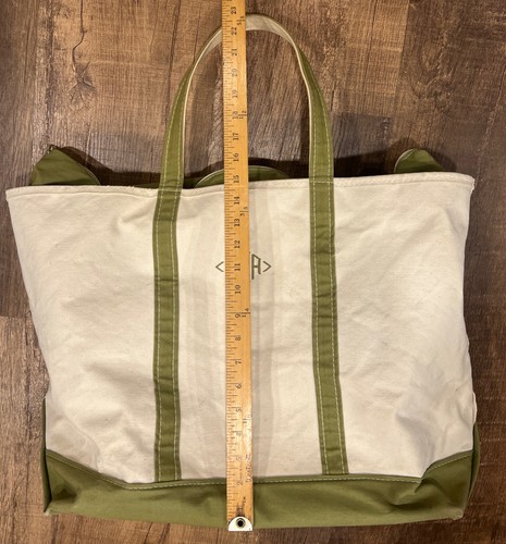 VINTAGE LL Bean Boat & Tote Canvas Bag Green Trim XL 90s HEAVY DUTY Sage Zipper - Picture 15 of 16