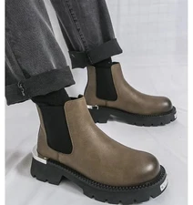Men High Top Leather Chelsea Sboots Pull on Round Toe Casual Outdoor High Boots