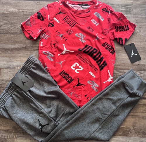 NWT Nike Air Jordan Boys YMD Gray/Fire Red/Black/Wht Textured Jogger Set Medium - Picture 1 of 3
