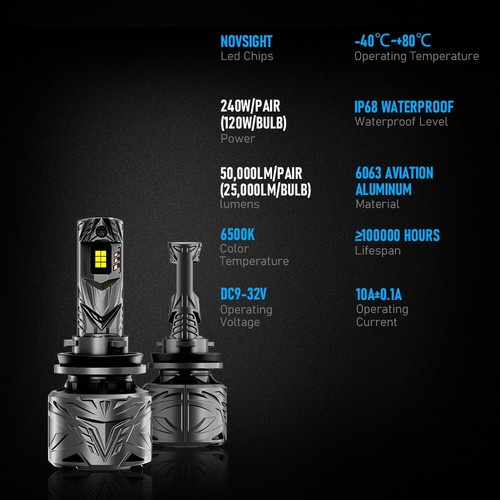 NOVSIGHT Pair 240W 50000LM H11 LED Headlight Bulbs Kit High Low Beam 6500k White - Picture 11 of 11
