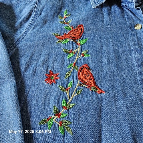 Tunica camicia vintage Holiday Time XXL ricamata cardinali denim manica lunga bottoni - Foto 3 di 9