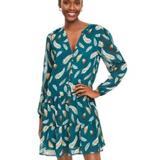 LOFT NWOT Teal Feather Print Drop Waist Shirt Dress Medium Flowy Chic
