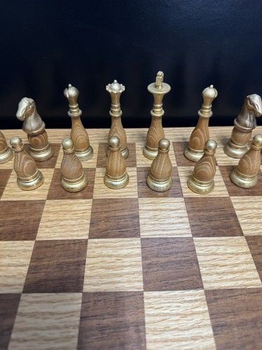 Vintage Gold And Oak Chess Set, Handcrafted Oak Chessboard - Picture 5 of 9