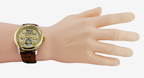 NEW ROUSSEAU GESTALT GOLD BROWN LEATHER AUTOMATIC TRIPLE BRIDGE WATCH SKELETON - Picture 5 of 13
