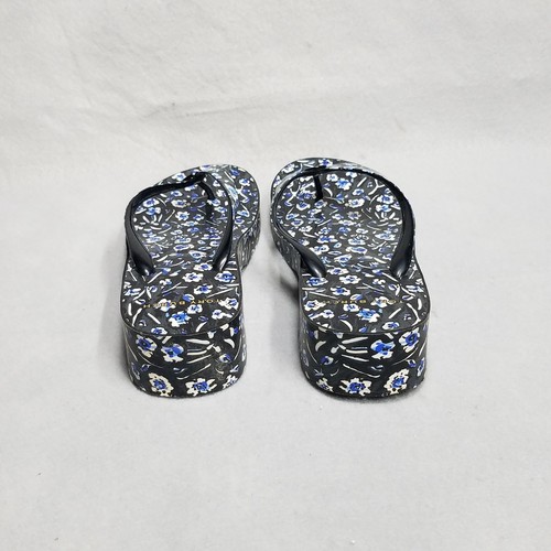 Tory Burch Wedge Sandals Floral Size 11 10.75 inches Black Blue Flowers Thong - Picture 6 of 15