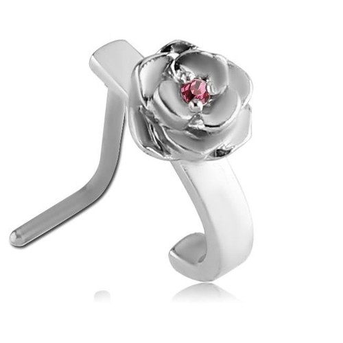 316L Surgical Steel L Bend Nose Stud Ring Rose Flower CZ Nose Hugger Gauge 20G - Picture 6 of 7