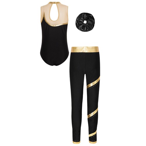 Kids Girls Dancewear Figure Set Sleeveless Outfits Striped Costume Leotard Yoga - Picture 9 of 41