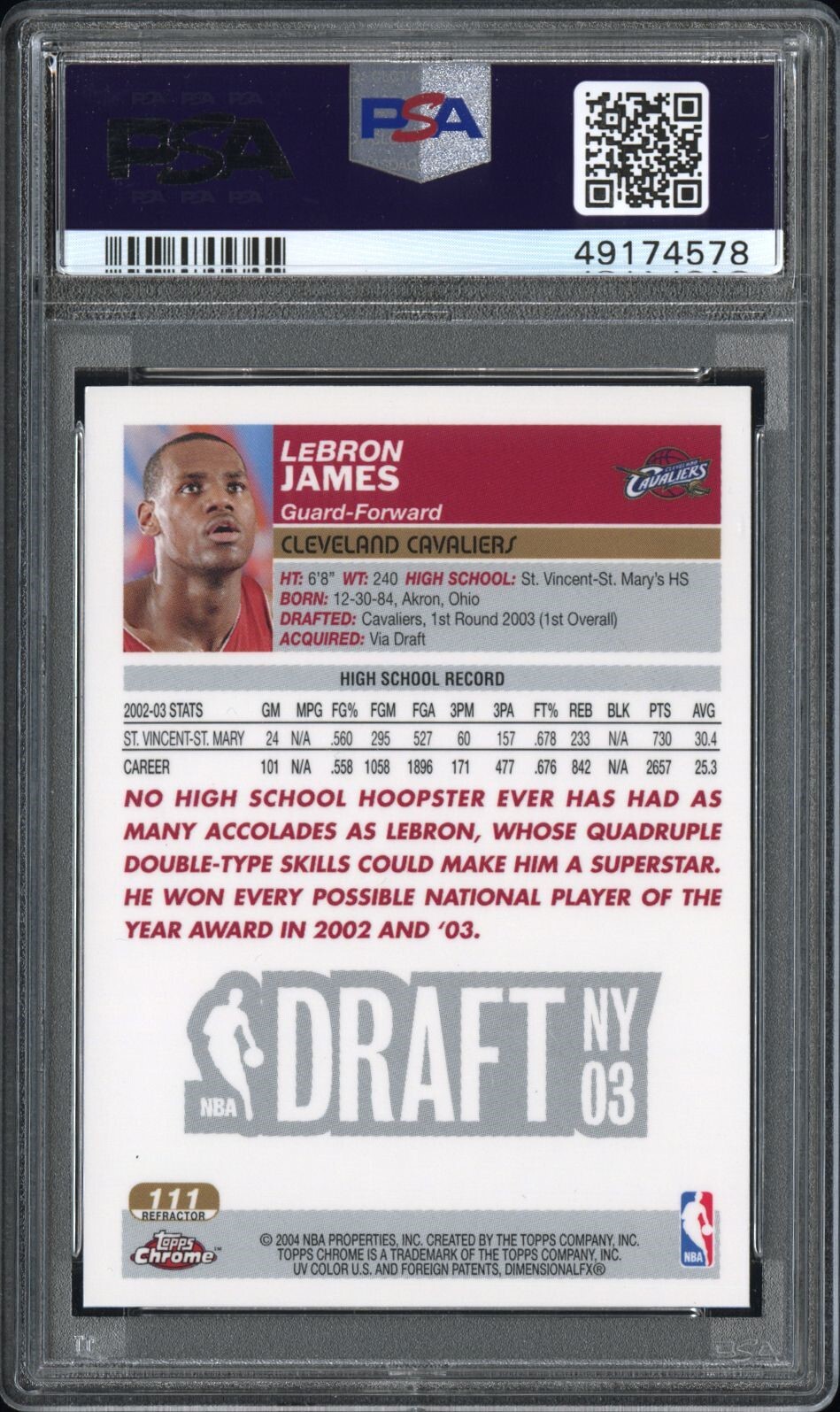 Lebron James 2003 Topps Chrome Refractor #111 Rookie RC PSA 9 - Picture 2 of 2