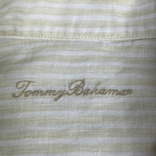 Camisa Tommy Bahama de Lino para Hombres L Rayas Blanca Amarilla Abotonada Playa Costera - Imagen 9 de 18