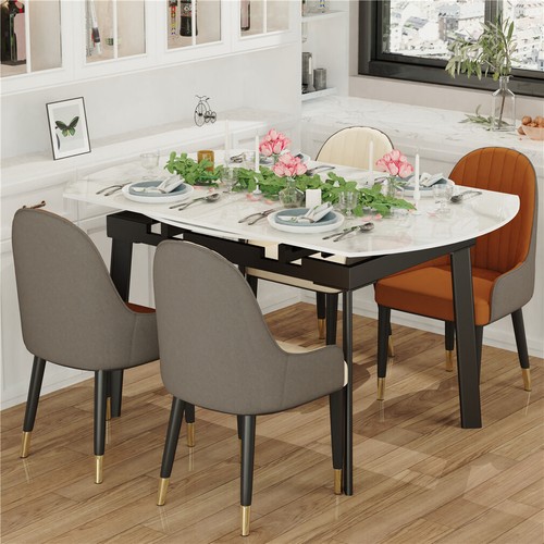 Modern Glossy Stone Top Dining Table Extendable with Smooth Rails and Iron Legs - Picture 81 of 123