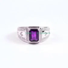 Natural Amethyst & CZ Gemstone with 925 Sterling Silver Ring for Men's #322