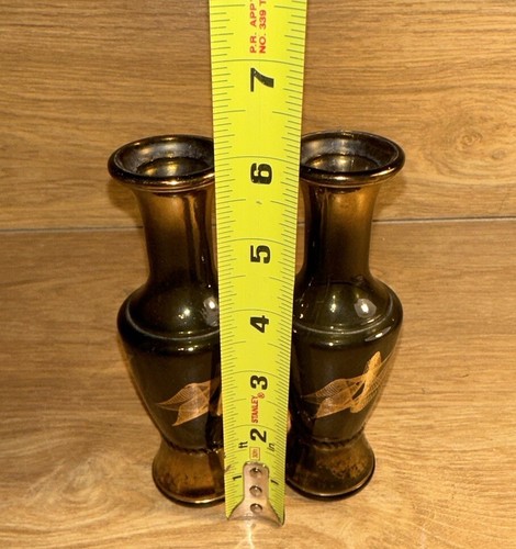 Midcentury modern smoked glass bud vases 60s/70s Green Gold Wheatonware Set Of 2 - Picture 7 of 9