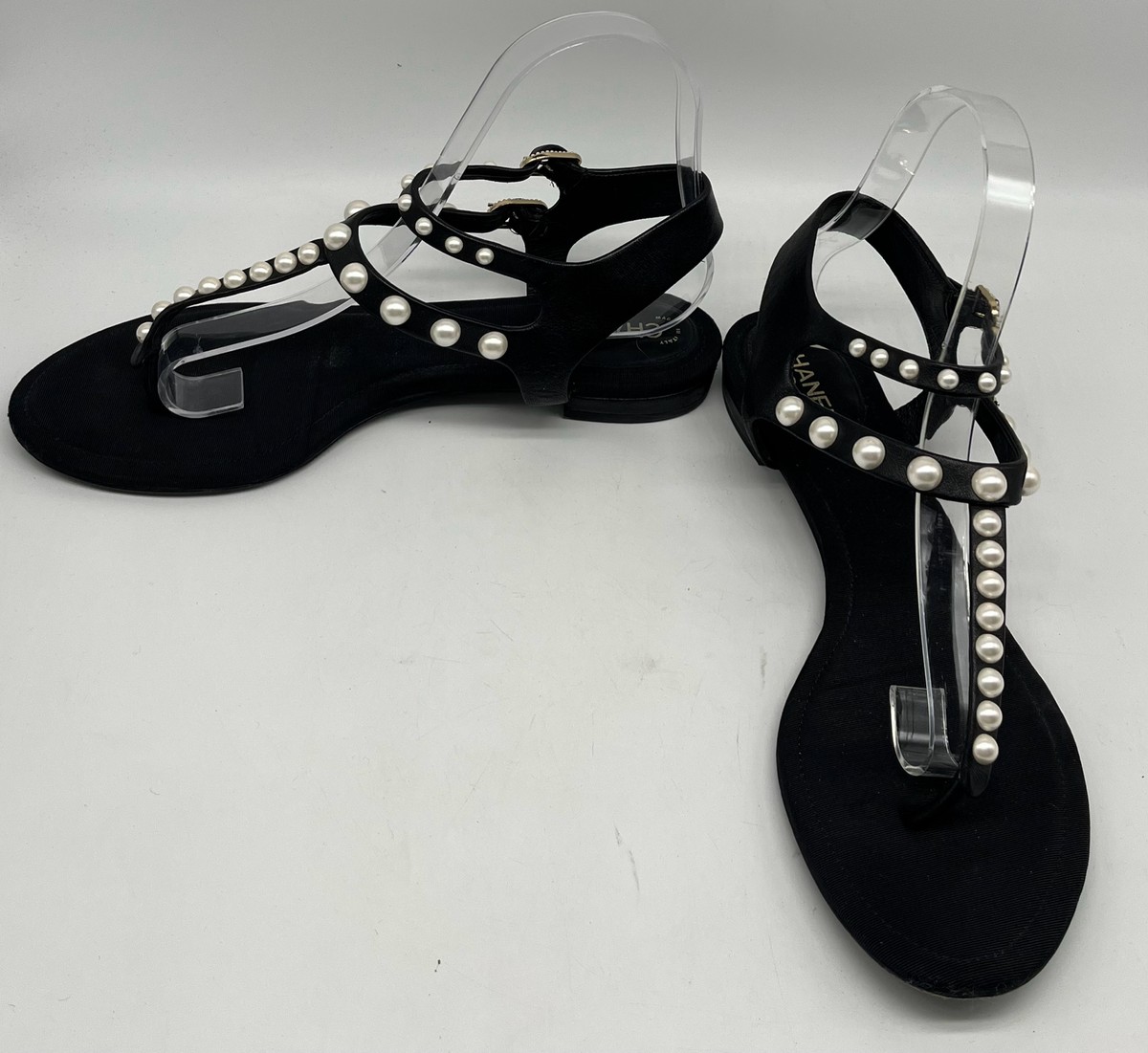 Chanel Black Leather Faux-Pearl Embellished Double-Strap