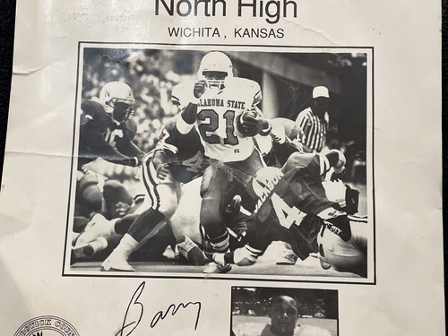 VERY RARE Barry Sanders Oklahoma State Heisman 1988 North High AUTO'D Poster PSA - Picture 4 of 7