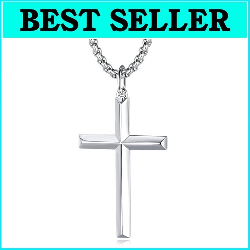 Stylish Men's Cross Necklace in Sterling Silver with Lobster Clasp - 24" Chain