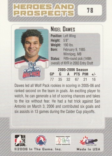 NIGEL DAWES (HARTFORD WOLF PACK) 2006 IN THE GAME AHL CARD - CARD NUMBER 78 - Picture 2 of 2