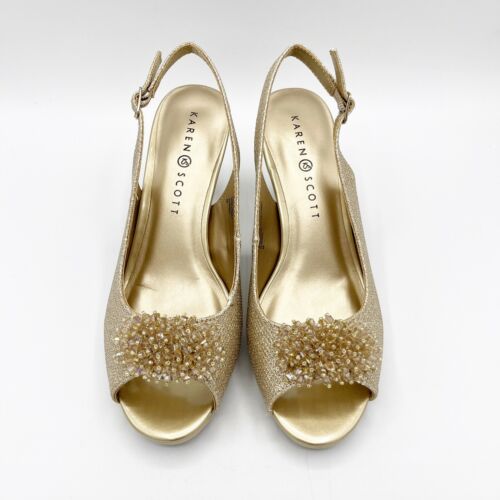 Karen Scott Heels Women 8W Gold Breena Slingback Peep Toe Dress Party Event Shoe - Picture 3 of 10