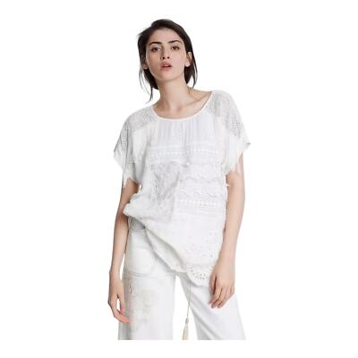 Desigual White Fringe Lace Detail Blouse US Small New