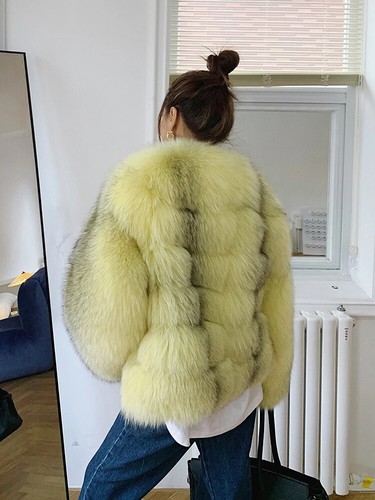 Women 100% Real Fox Fur Coat Winter Trendy Yellow Fluffy Warm Whole Skin Jackets - Picture 4 of 6