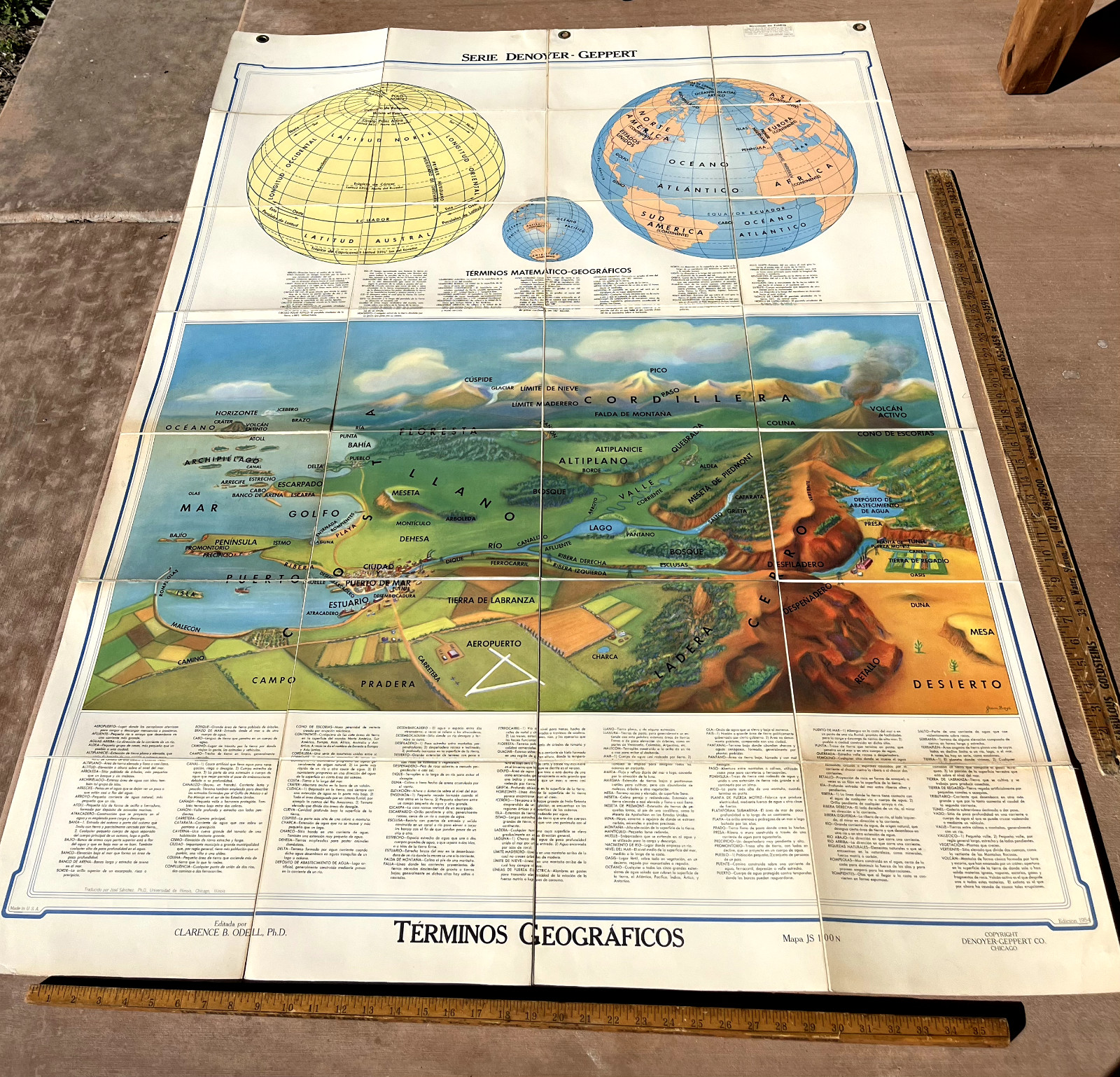 1954 Geographical Terms Folding Map JS100N Denoyer Geppert Rare Spanish Issue