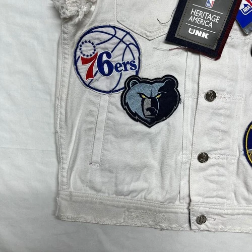 Heritage America UNK NBA Denim Vest Mens M White Distressed All Over Patches NWT image 6
