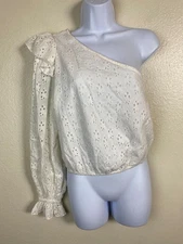Cami NYC One Shoulder White Eyelet Blouse Top size Small Puff Sleeve Ruffle Cuff