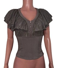 Y2K Grey Fitted Ruffled Tiered Studded S/S Dark Girlie Blouse Top Whimsigoth L