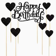 8pz Decorazioni Torte Nere Glitter Lettere "Buon Compleanno" e Cuori