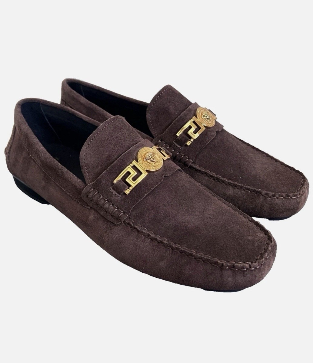 Versace Loafer La Medusa Men's Gold Brown Suede Driving Sz 39IT US