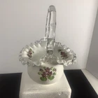 New ListingVINTAGE FENTON GLASS BASKET “VOILETS IN THE SNOW “ Floral Design, Crimped Handle