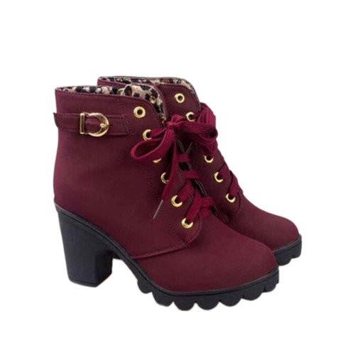 Fashion High Heel Lace up Ankle Boots Lady Buckle Platform Shoes(Wine - Picture 12 of 12