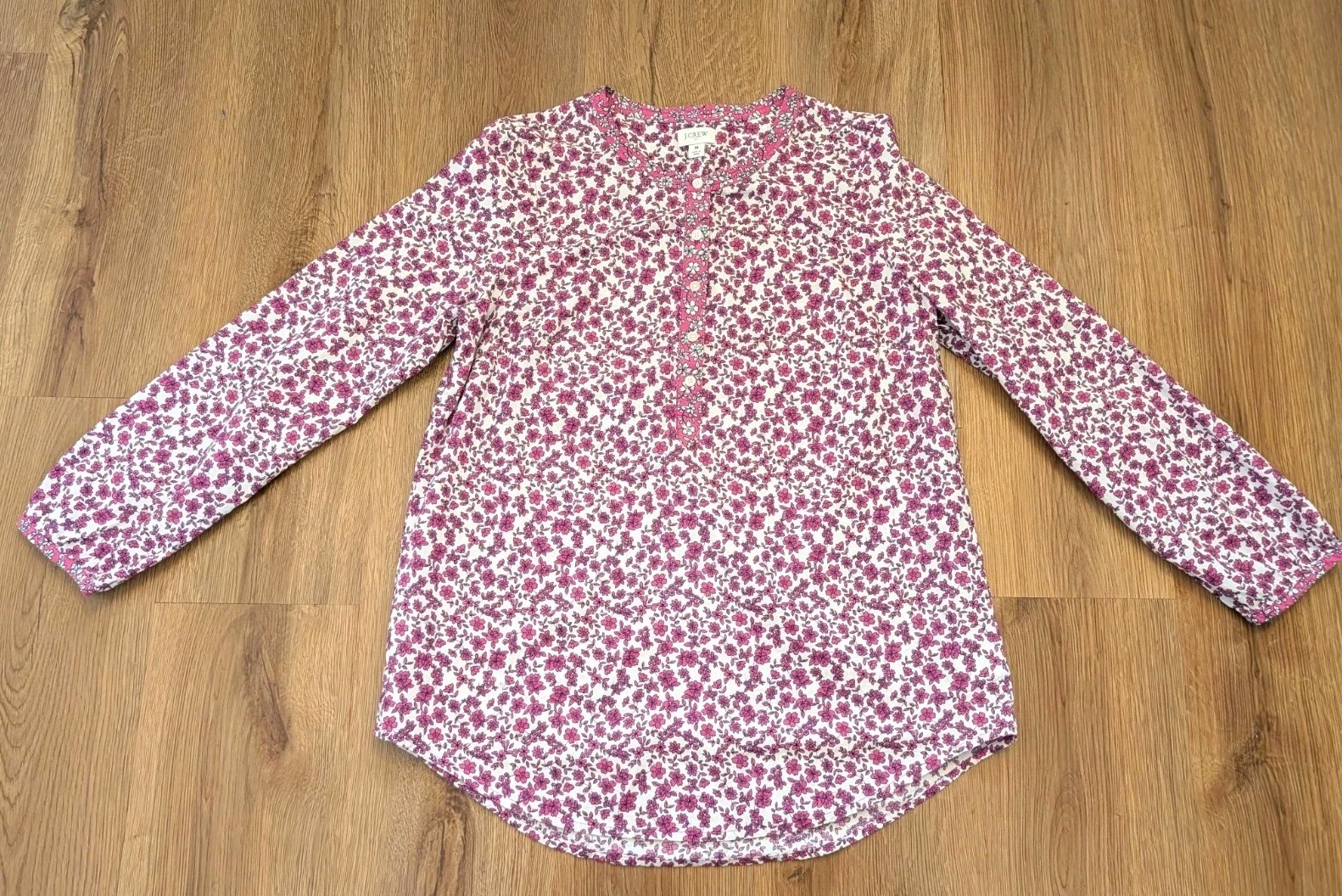 J Crew Popover Pink Purple Floral Blouse Cotton Size M Tunic Top Preppy Boho
