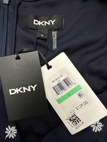 NWT DKNY Women’s White Embroidered Flowers on Navy Blue Surplice Dress Size 8 - Picture 11 of 17