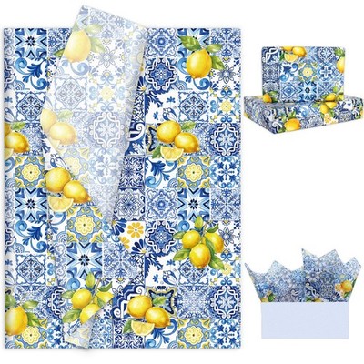 60 Sheets Capri Lemon Tissue Paper Blue Tiles Yellow Lemons Wrapping Paper fo...